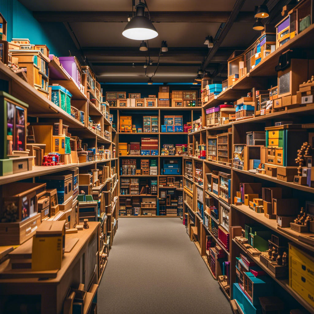 An image showcasing a bustling museum storeroom filled with shelves stacked high with colorful, meticulously labeled boxes of STEM toys
