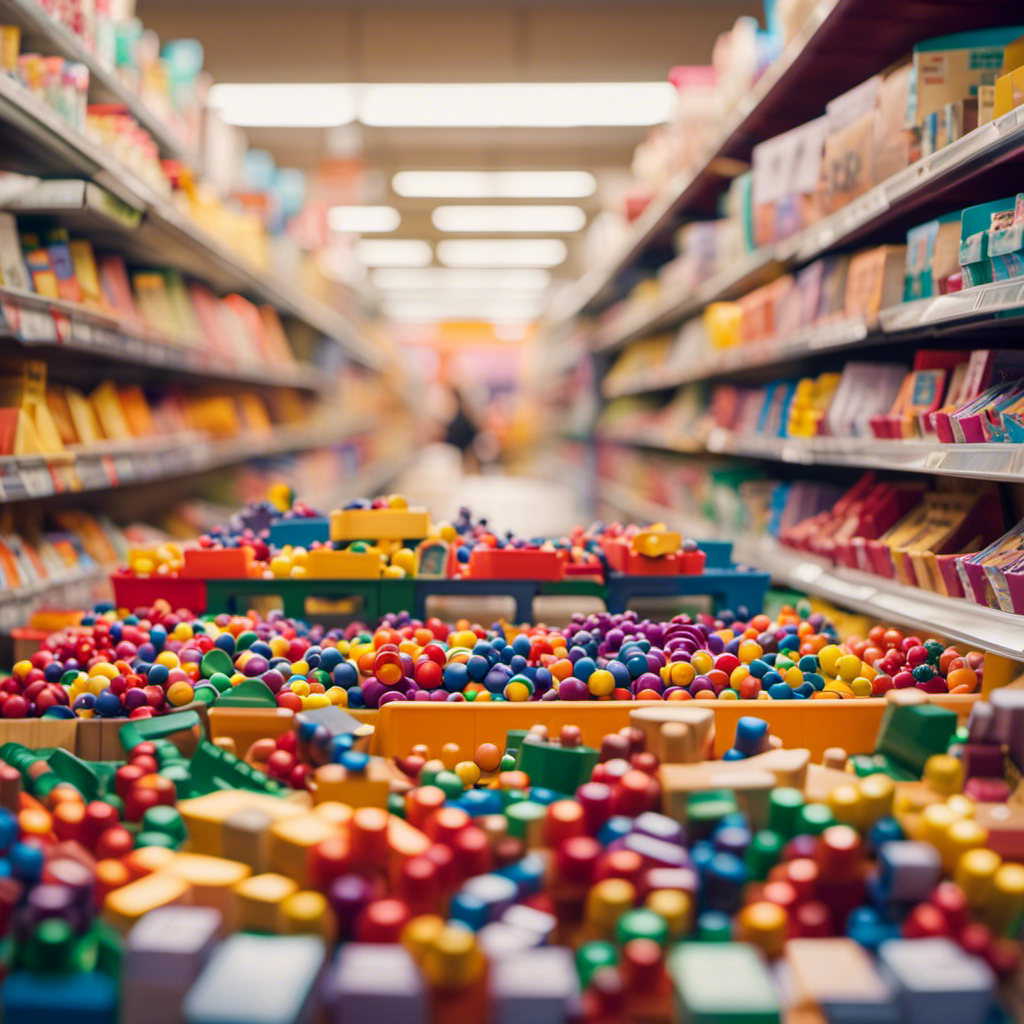 An image showcasing a colorful, bustling marketplace filled with rows of neatly stacked shelves, overflowing with discounted preschool toys