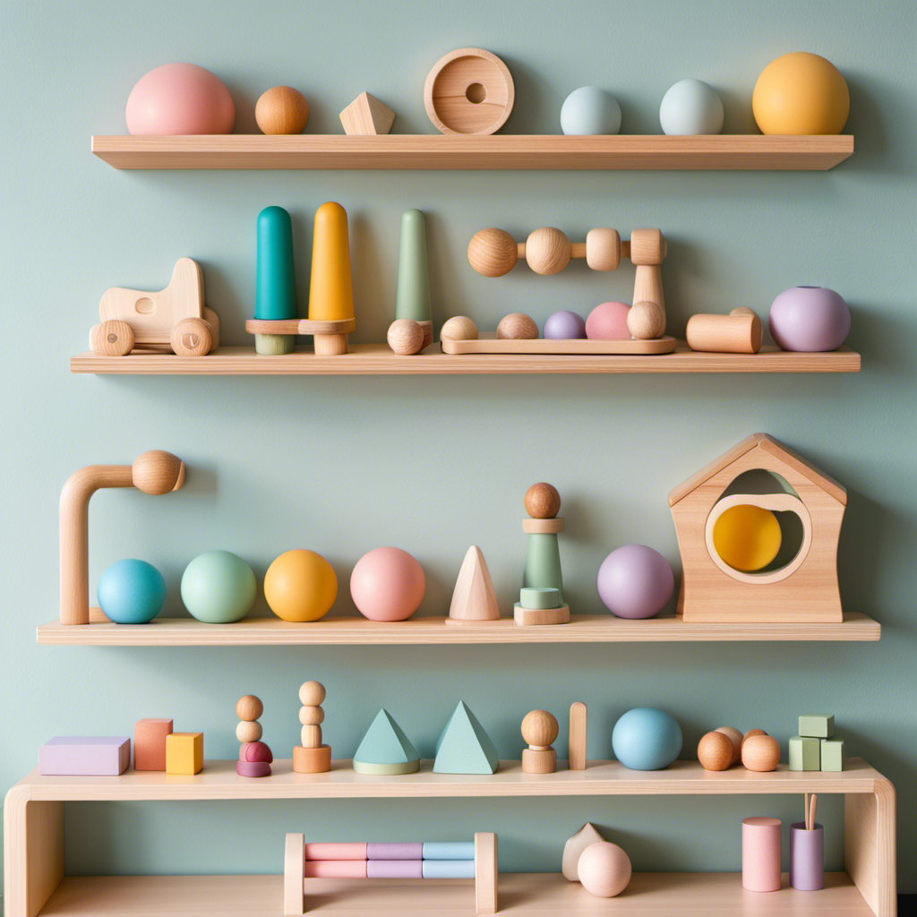 An image showcasing a beautifully organized, pastel-colored shelf filled with wooden Montessori baby toys
