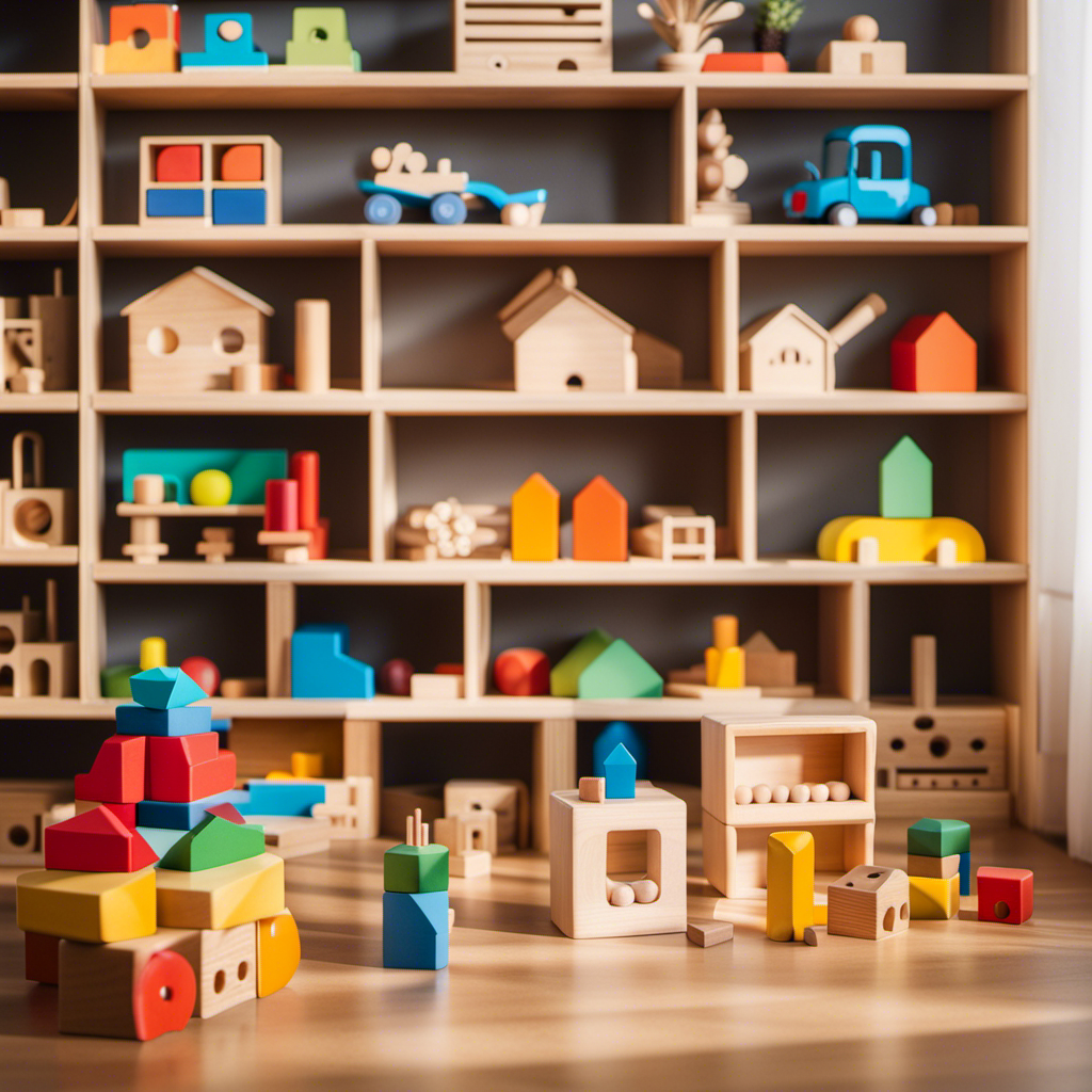 An image showcasing a cozy, sunlit room with shelves lined with beautifully crafted, educational Montessori toddler toys
