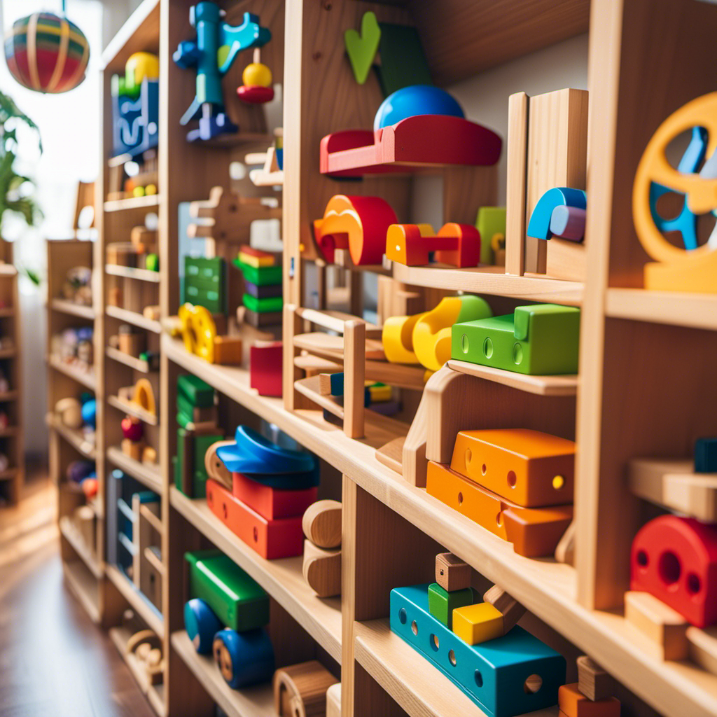 An image showcasing a diverse array of Montessori toys, neatly organized on shelves, with a soft natural lighting