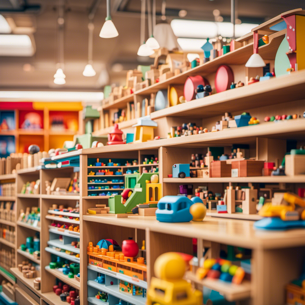 An image showcasing a bright, inviting toy store filled with shelves neatly arranged, displaying an array of colorful Montessori toys