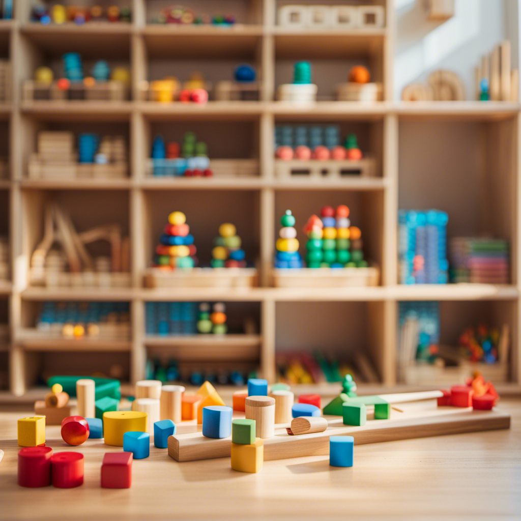 An image showcasing a peaceful, sunlit room with shelves filled with meticulously arranged Montessori toys: wooden blocks, sensory puzzles, and colorful counting beads