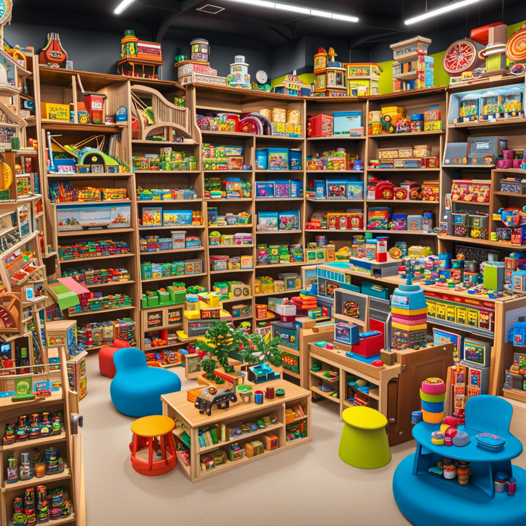 An image showcasing a vibrant and bustling toy store, filled with shelves lined with educational and engaging STEM toys