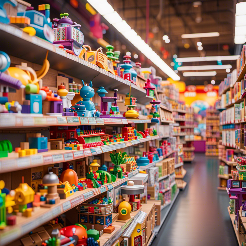 An image showcasing a colorful, bustling toy store aisle