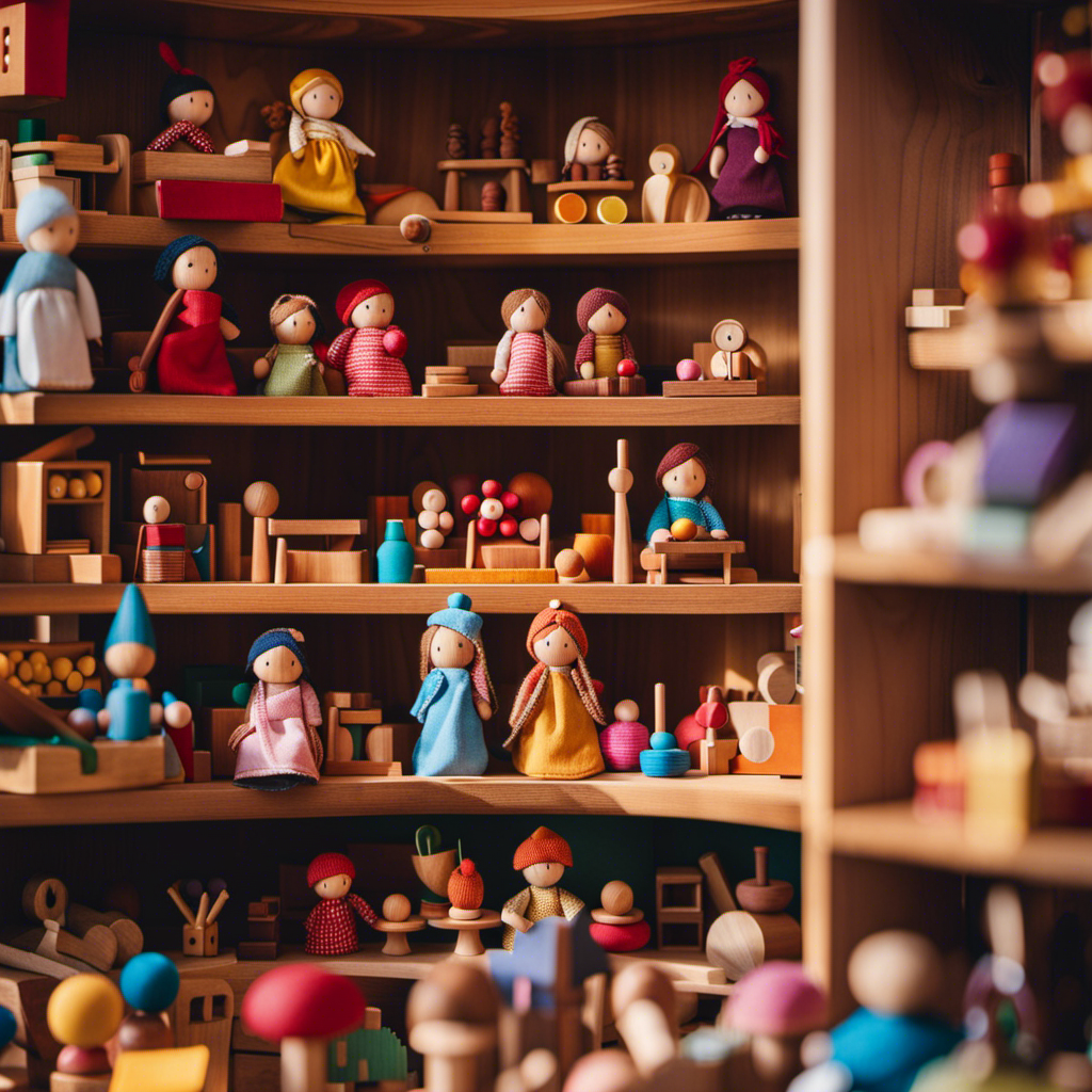 An image showcasing a vibrant, sunlit wooden toy shop filled with enchanting Waldorf toys