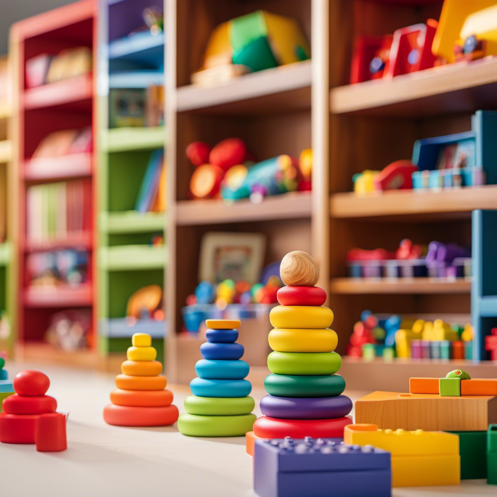 An image showcasing an inviting preschool classroom filled with colorful shelves, neatly arranged with vibrant, durable toys