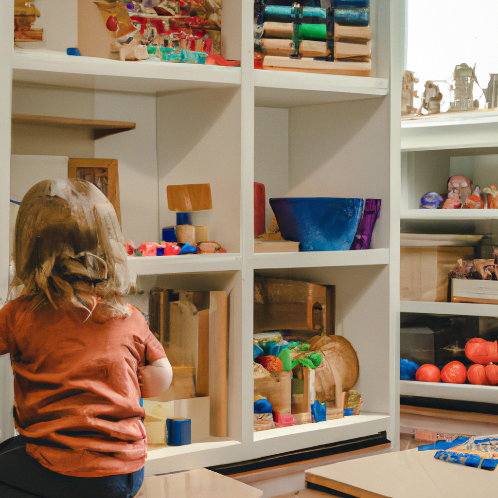 An image featuring a cozy, well-lit room with shelves filled with Montessori toys