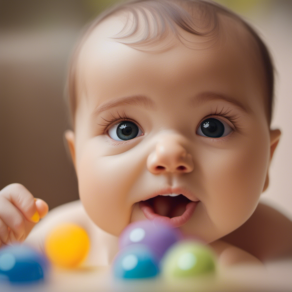 An image showcasing an 8-month-old baby engaging in age-appropriate language development activities; babbling, imitating sounds, responding to their name, exploring objects using their mouth, and showing curiosity towards new sounds and voices