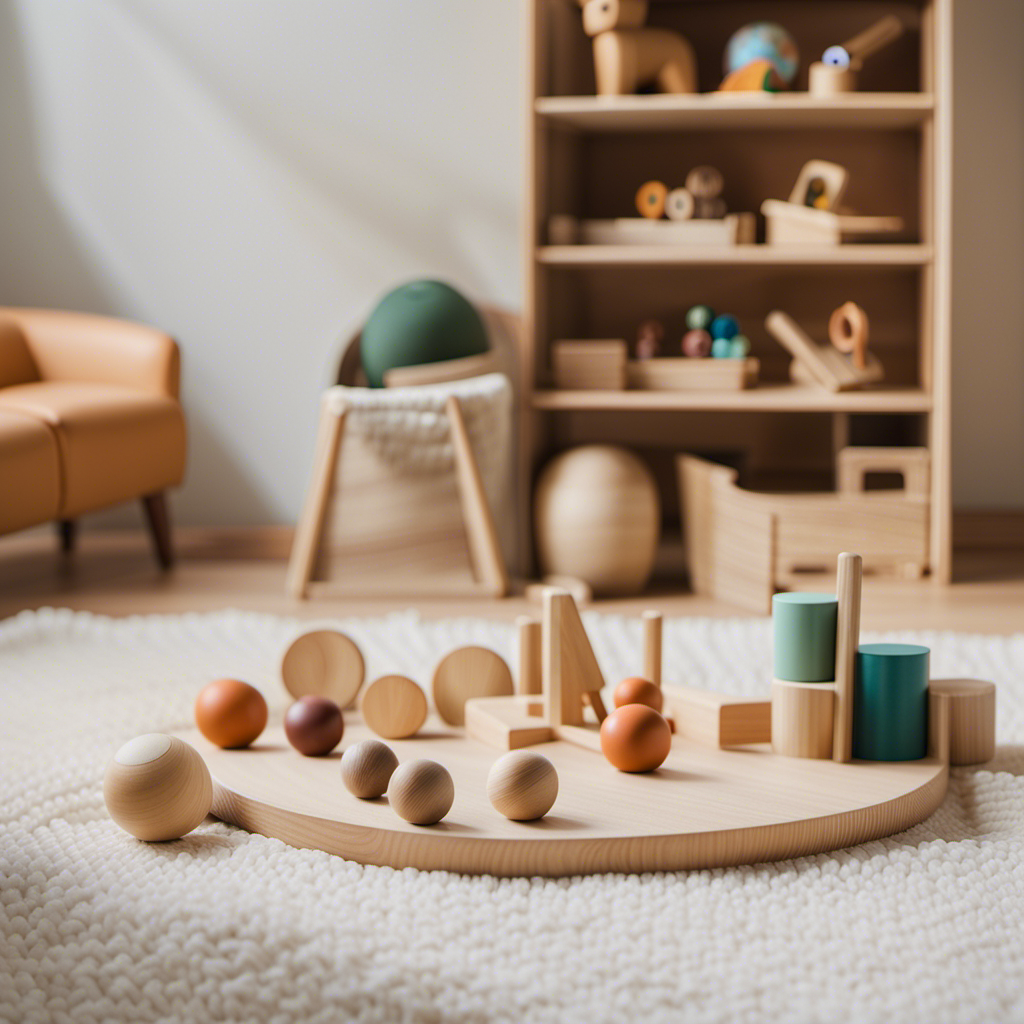 An image showcasing a serene, minimalist playroom with carefully curated Montessori toys
