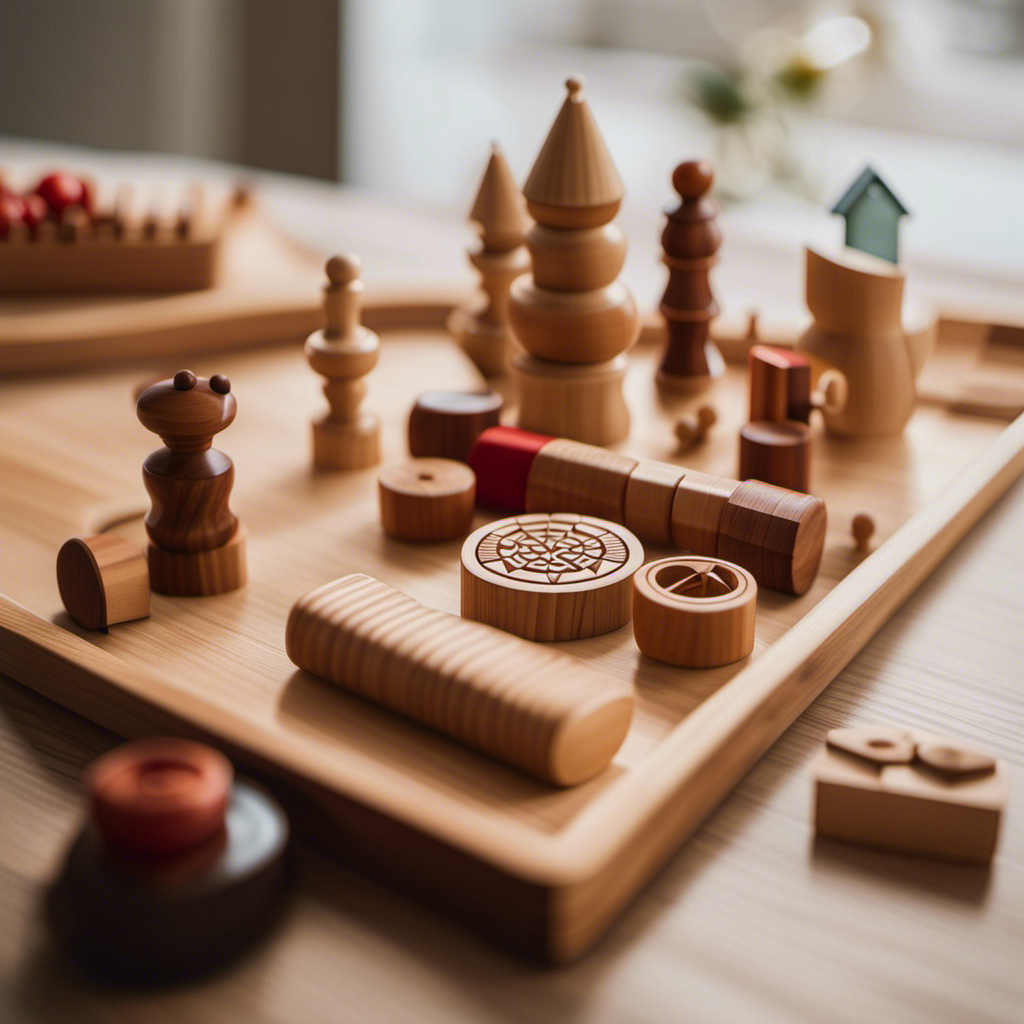 An image showcasing a beautifully crafted wooden Montessori toy, featuring intricate details and high-quality materials