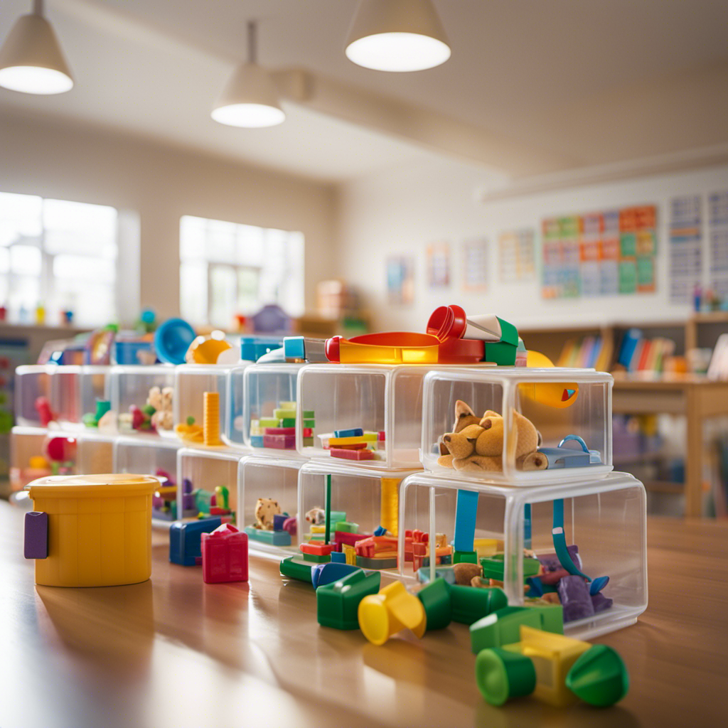An image capturing a preschool classroom with toys meticulously wrapped in clear plastic, showcasing the intentionality behind preserving learning materials and fostering hygiene