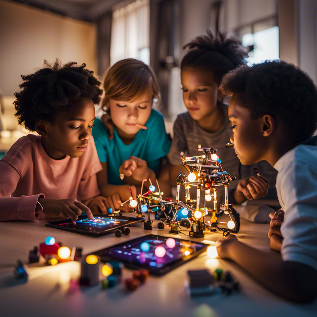An image showcasing a group of diverse children, deeply engaged in building robotic structures, coding on tablets, and conducting science experiments, illuminating the significance of STEM toys in fostering curiosity, problem-solving, and innovation