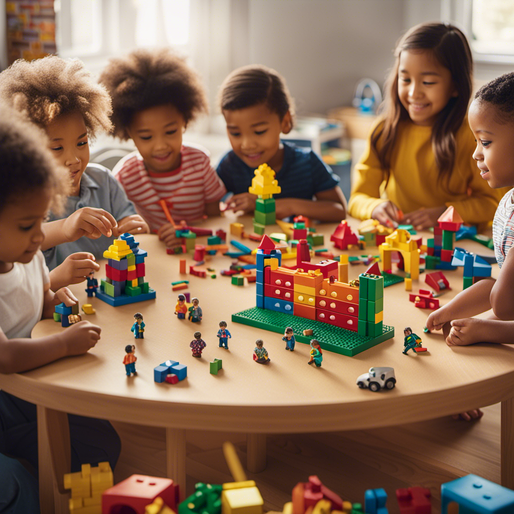 An image featuring a group of preschool children gathered around a table covered with various table-top toys, such as puzzles, building blocks, and miniature figurines, engaging in imaginative play and problem-solving activities