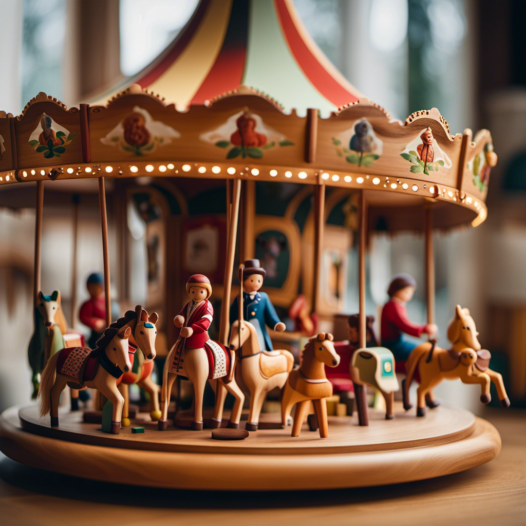An image featuring a wooden carousel with handcrafted animals, surrounded by children in simple, traditional clothing, playing with wooden dolls and building blocks