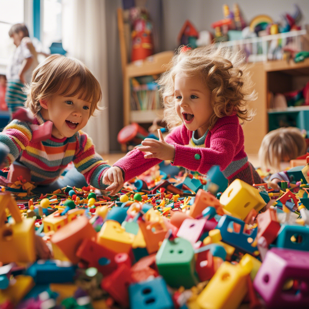 An image capturing the chaos of a preschool playroom, strewn with broken toys, as energetic children in colorful outfits gleefully explore, their tiny hands grabbing, twisting, and accidentally shattering delicate playthings