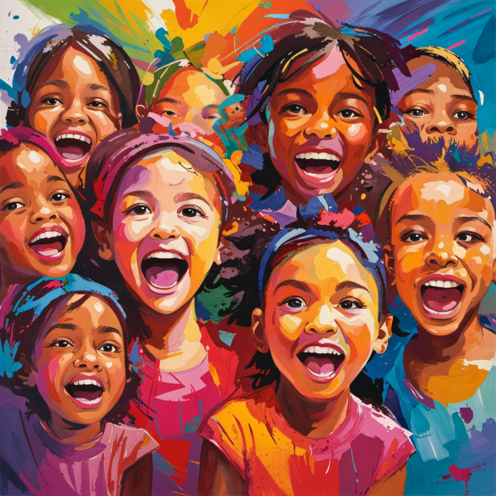An image showcasing a group of children, immersed in vibrant, imaginative artwork, expressing their emotions through color and brushstrokes