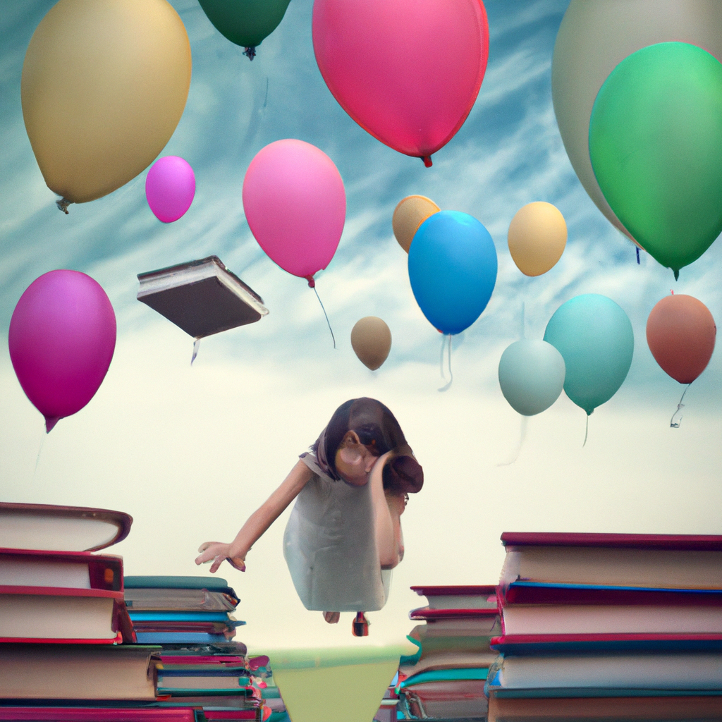 An image capturing a child with eyes closed, surrounded by floating colorful balloons and flying books, as their imagination takes them on a magical adventure through a fantastical world of their own creation