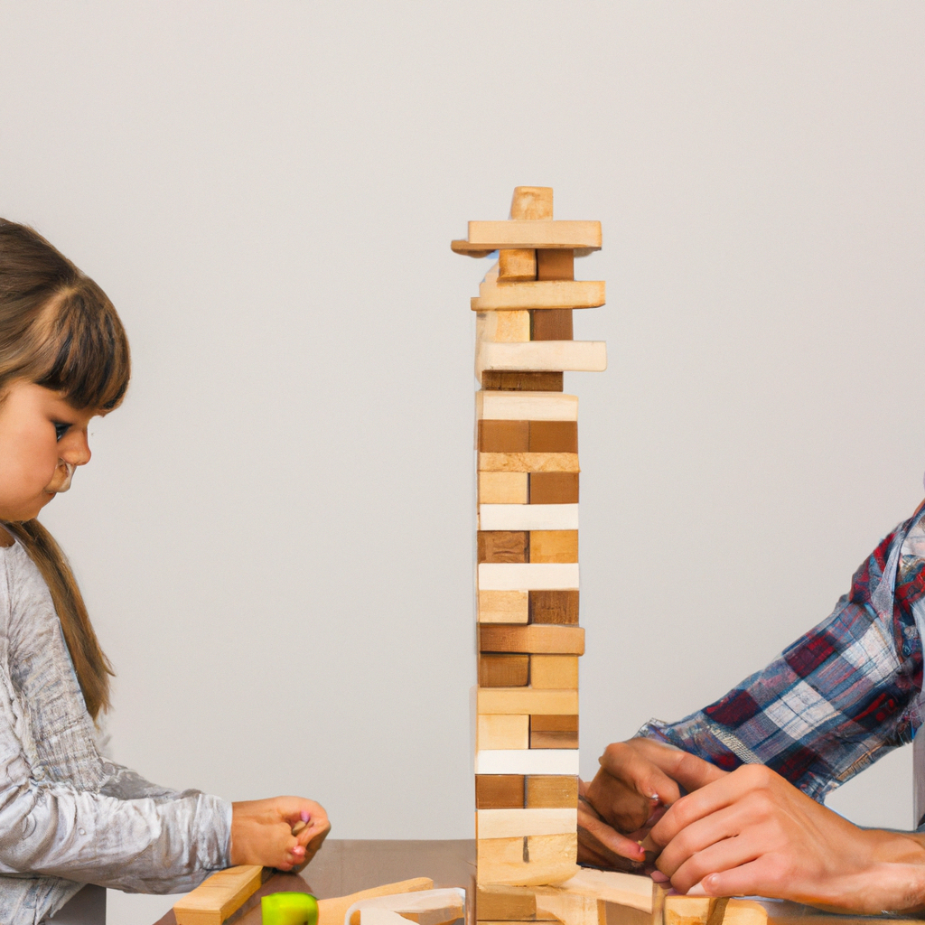 An image depicting a child building a tower with blocks, while an adult observes and encourages