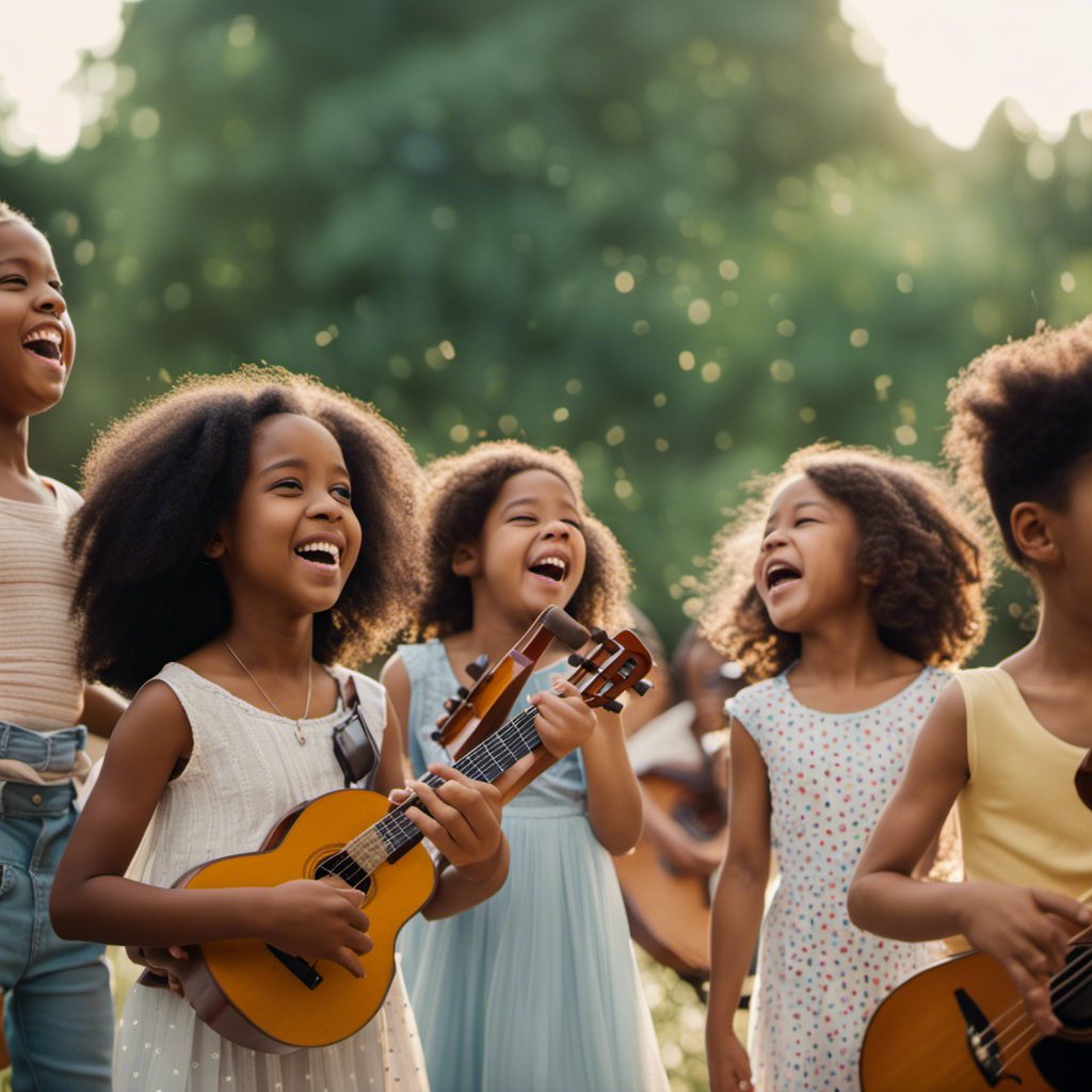 An image showcasing a diverse group of children immersed in a musical environment, playing various instruments, singing, and dancing with sheer joy, symbolizing the profound impact of music on their cognitive, emotional, and social development