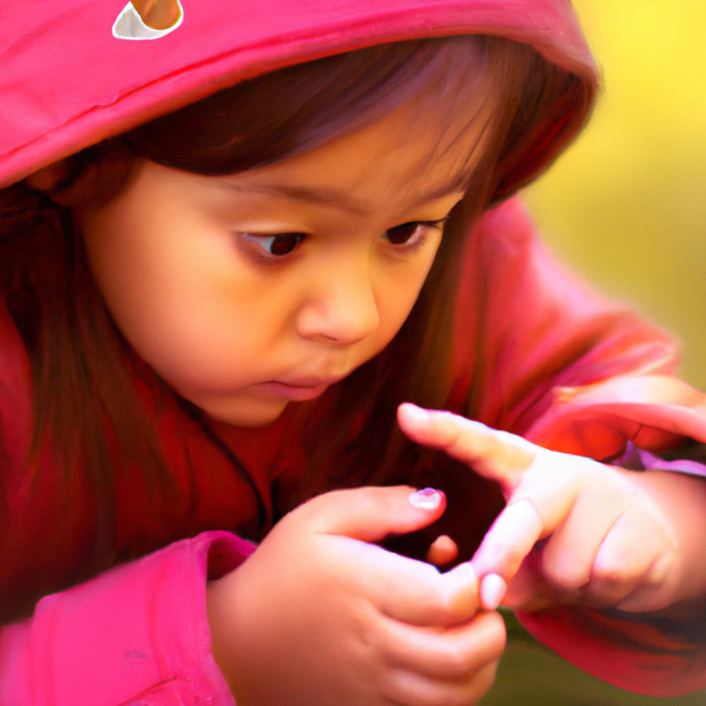 An image capturing a child engrossed in nature, meticulously observing a ladybug on a leaf