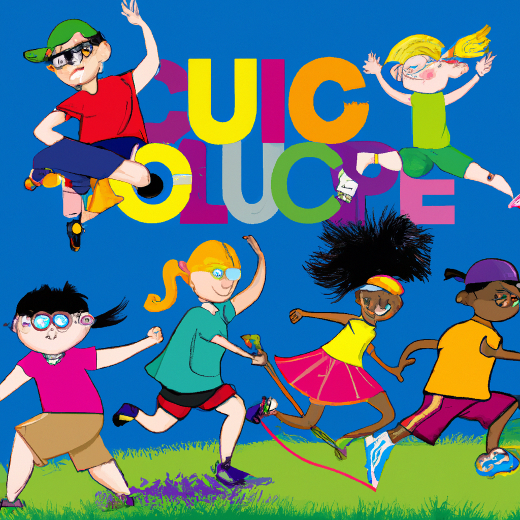 An image showcasing a group of diverse children engaged in various physical activities like running, jumping, and playing sports outdoors, highlighting the joy, energy, and growth that physical activity brings to child development