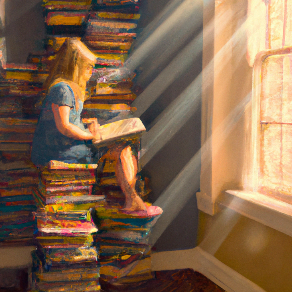 An image depicting a young child sitting cross-legged in a cozy nook, surrounded by a tower of vibrant books