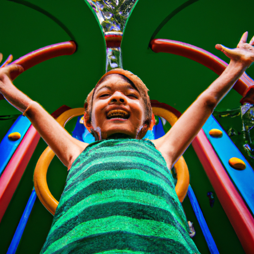 Depict a vibrant image of a young child confidently standing atop a jungle gym, their arms outstretched, radiating joy and fearlessness, surrounded by cheering friends, showcasing the vital role of self-confidence in child development