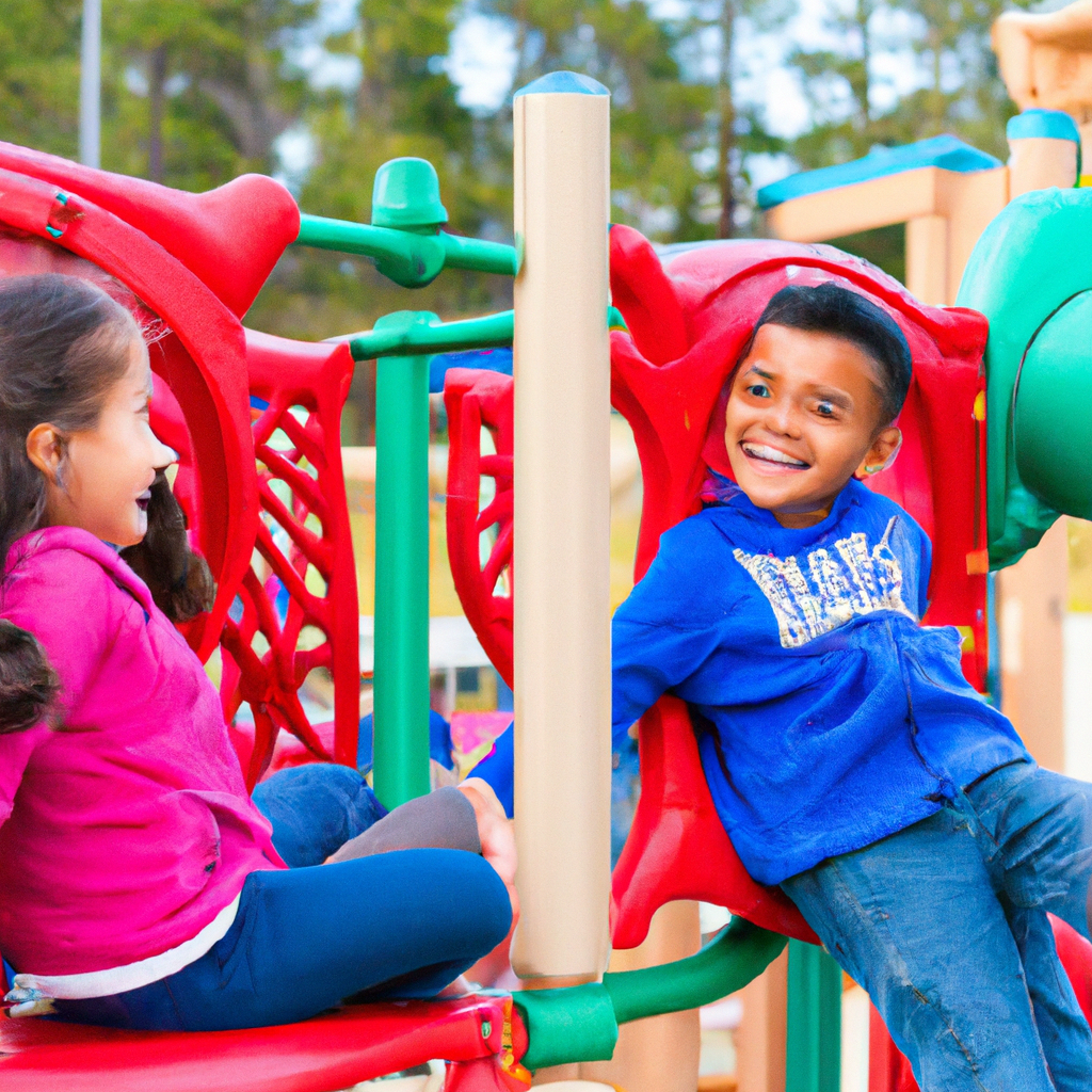 An image featuring two children playing together in a vibrant playground, surrounded by other kids engaged in various activities