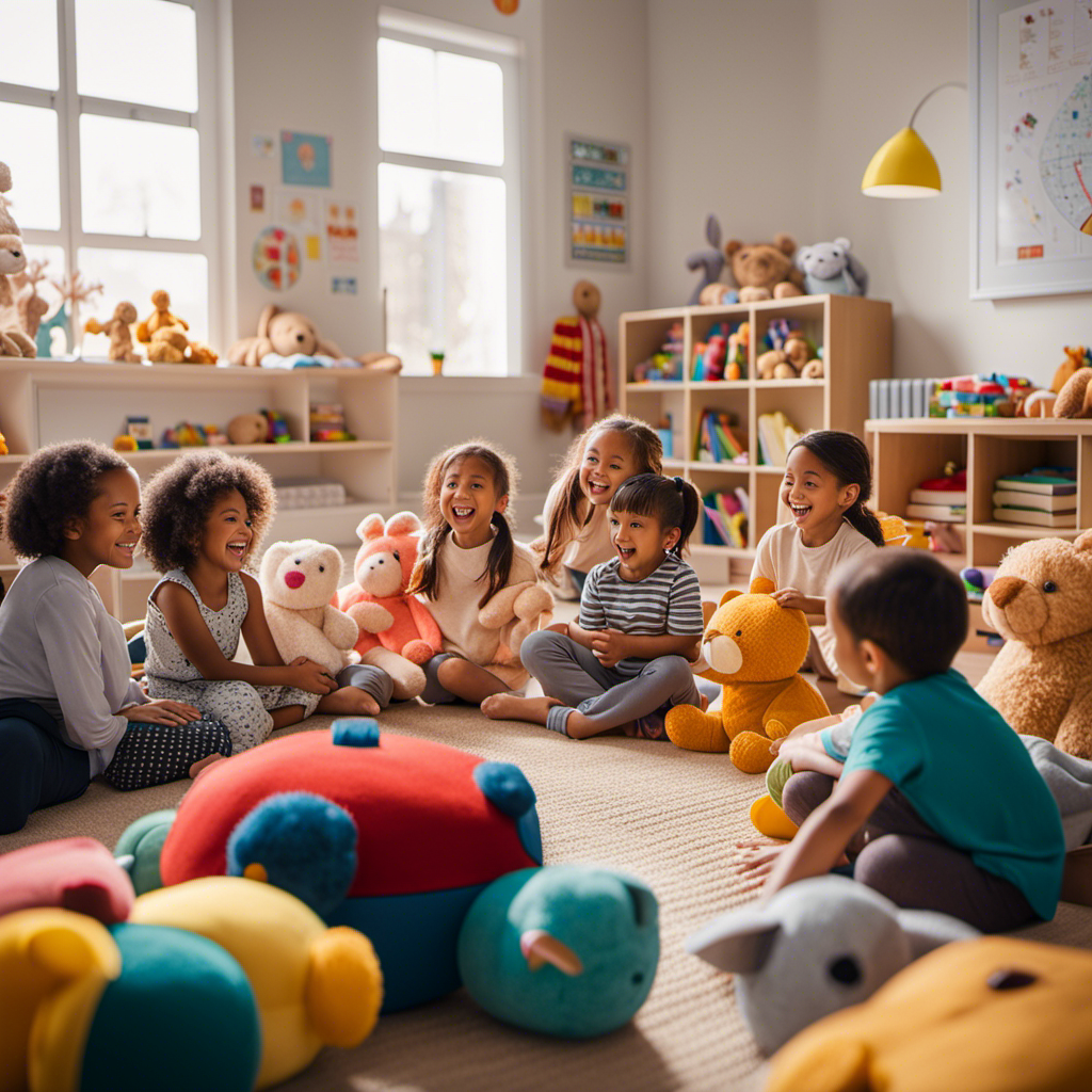 An image showcasing a preschool classroom filled with children huddled around a cozy corner, surrounded by a variety of soft toys