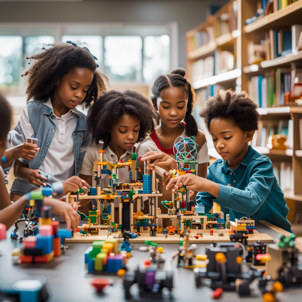 An image showcasing a group of diverse children engrossed in building complex structures with STEM toys, surrounded by books, robots, and scientific equipment, illustrating the profound impact of STEM toys on nurturing curiosity, problem-solving skills, and future innovation