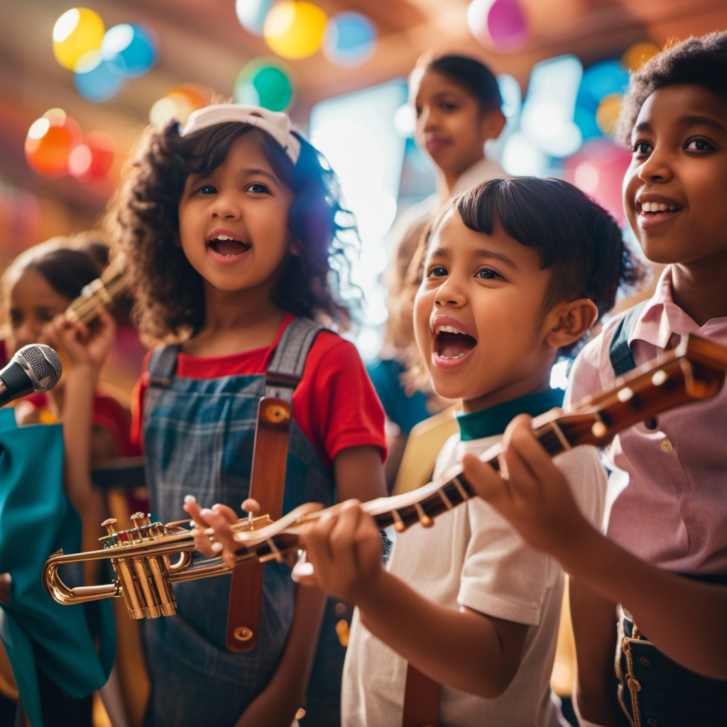 An image that depicts a group of children engaged in various musical activities, with vibrant colors and joyful expressions, showcasing the integral role of music in fostering creativity, emotional intelligence, and cognitive development in children