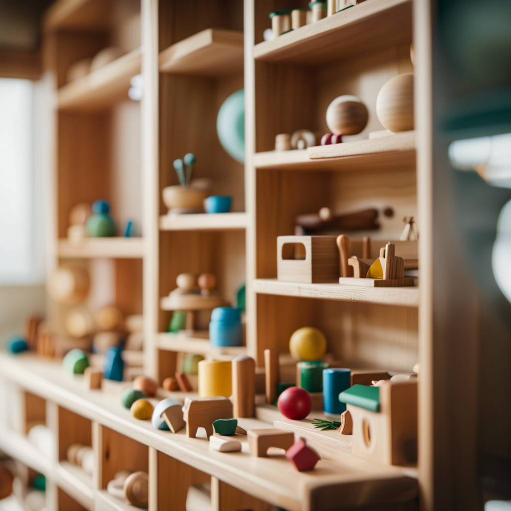 An image that showcases a serene Montessori environment filled with natural, wooden toys meticulously arranged on open shelves, inviting exploration and cultivating a deep connection with nature and tactile experiences