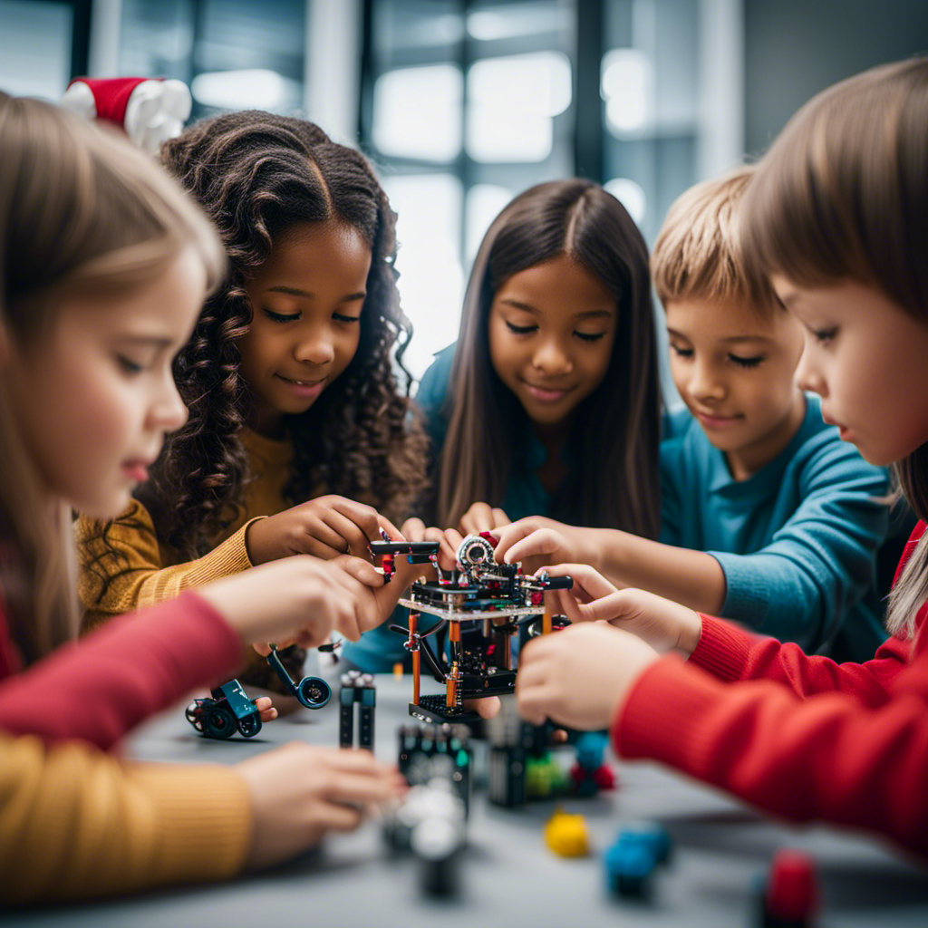 An image showcasing a diverse group of children engaged in hands-on play with STEM toys