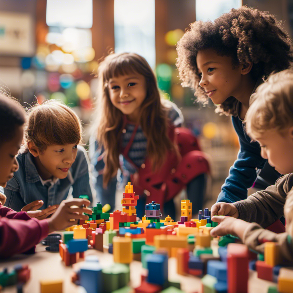 An image showcasing a diverse group of children collaborating and experimenting with colorful building blocks, robots, and science kits, immersed in a world of exploration and discovery