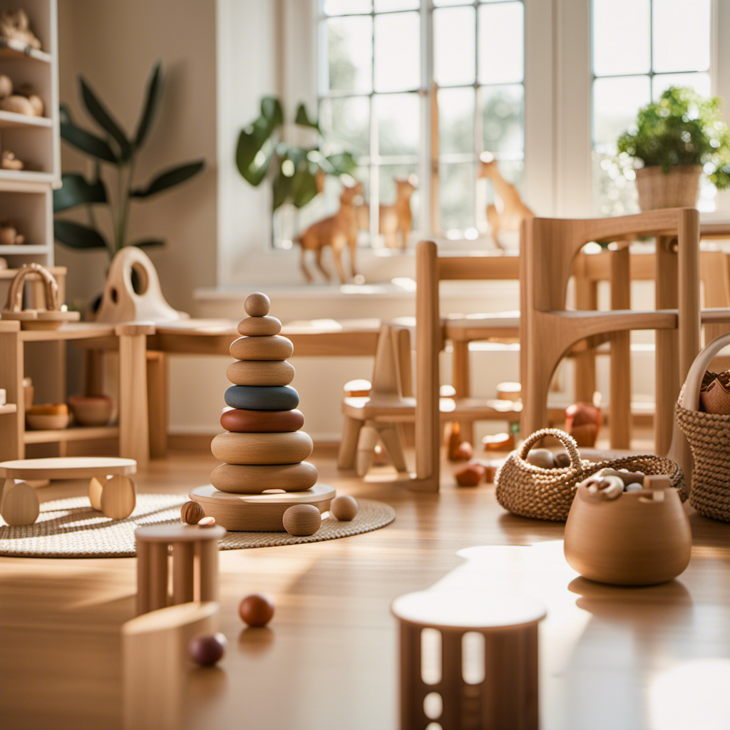 An image showcasing a serene Montessori-inspired playroom filled with natural light