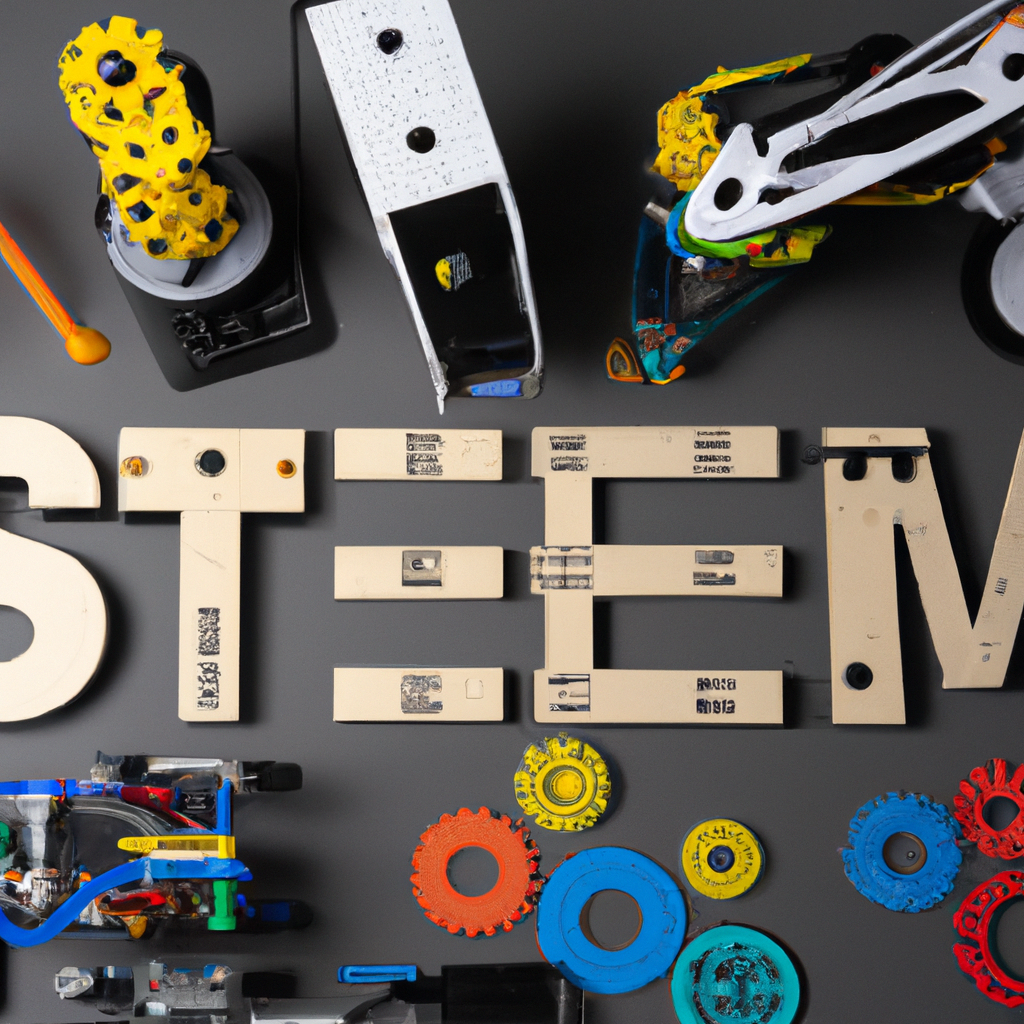 An image showcasing a vibrant and diverse collection of top STEM toys from 2023, ranging from robotic kits to coding games, set against a backdrop of futuristic technology and young children engaged in hands-on exploration