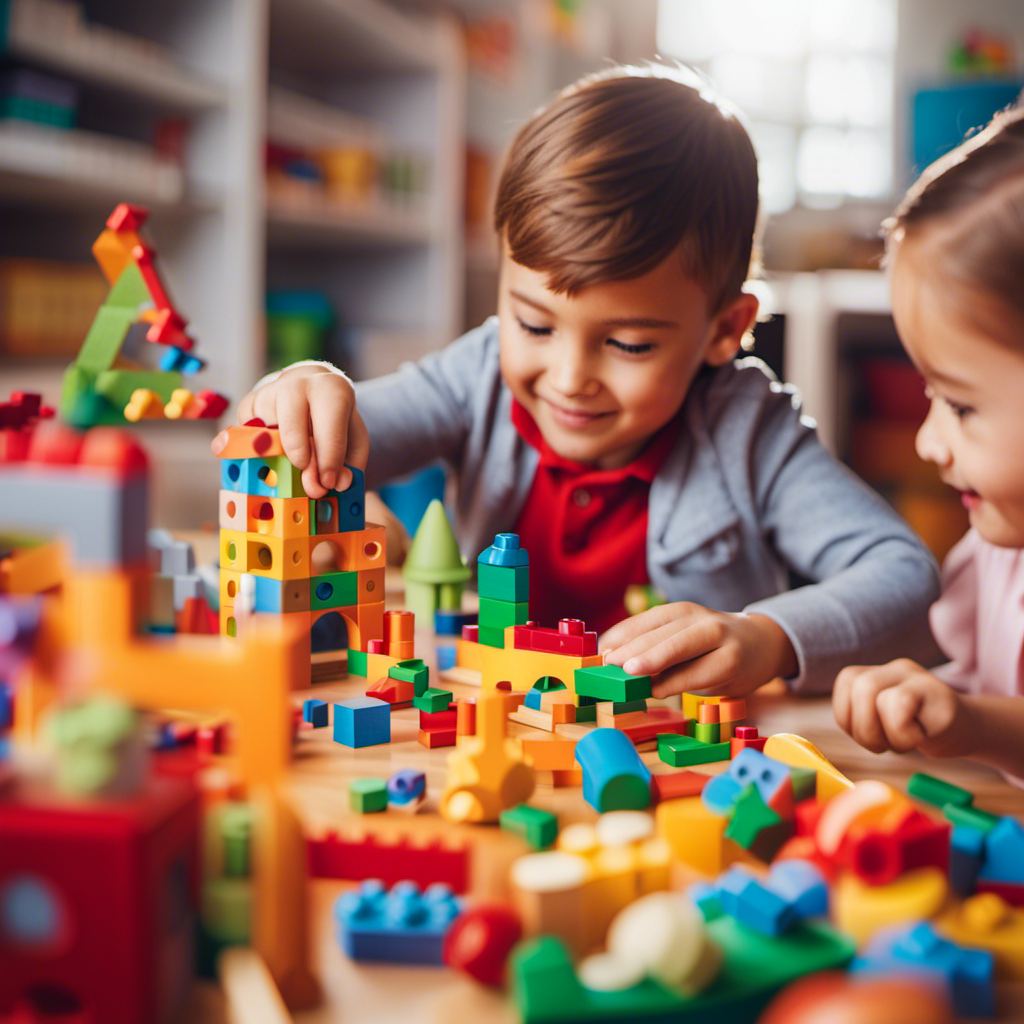 An image showcasing a vibrant playroom filled with interactive STEM toys for curious 3-year-olds