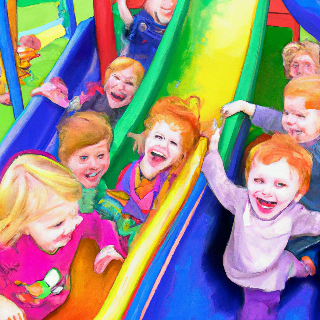 An image featuring a group of preschoolers joyfully zooming down a vibrant, multi-colored slide on their favorite ride-on toys, their faces filled with excitement and laughter, capturing the essence of energetic fun