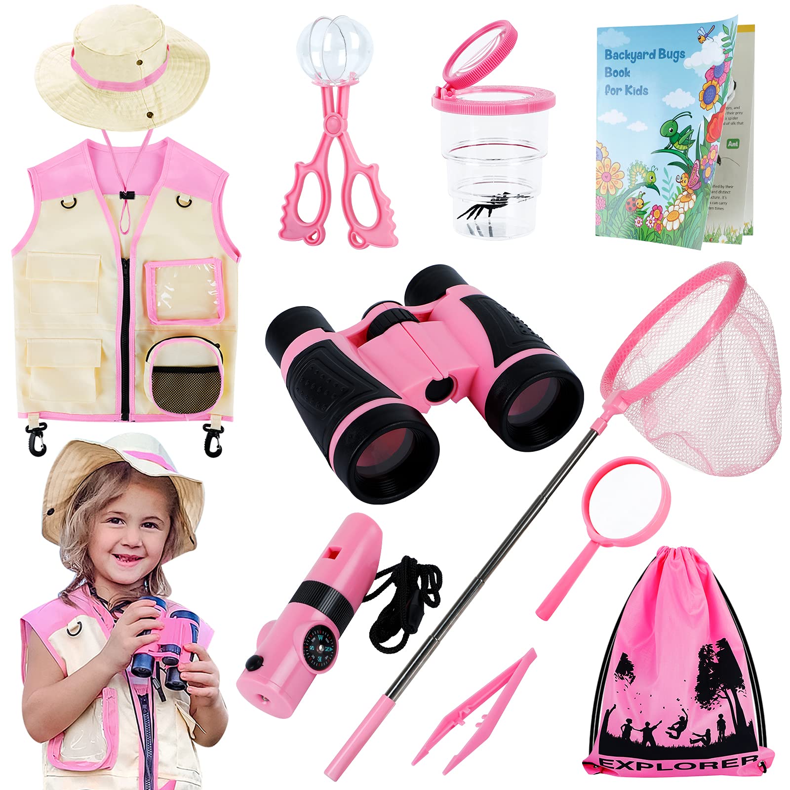 INNOCHEER Explorer Kit & Bug Catcher Kit for Kids Outdoor Exploration for Boys Girls 3-12 Years Old (The Pink)