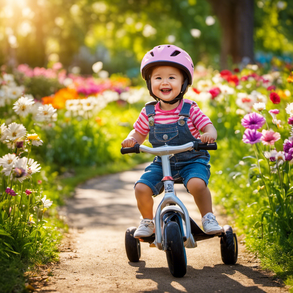 An image showcasing a toddler confidently riding a balance bike or scooter, their face beaming with joy and determination
