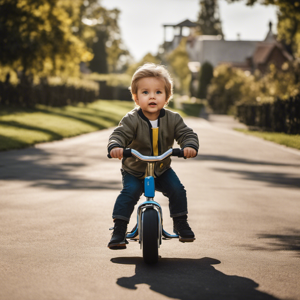 An image showcasing a toddler confidently gliding on a balance bike, their focused eyes anticipating the next move