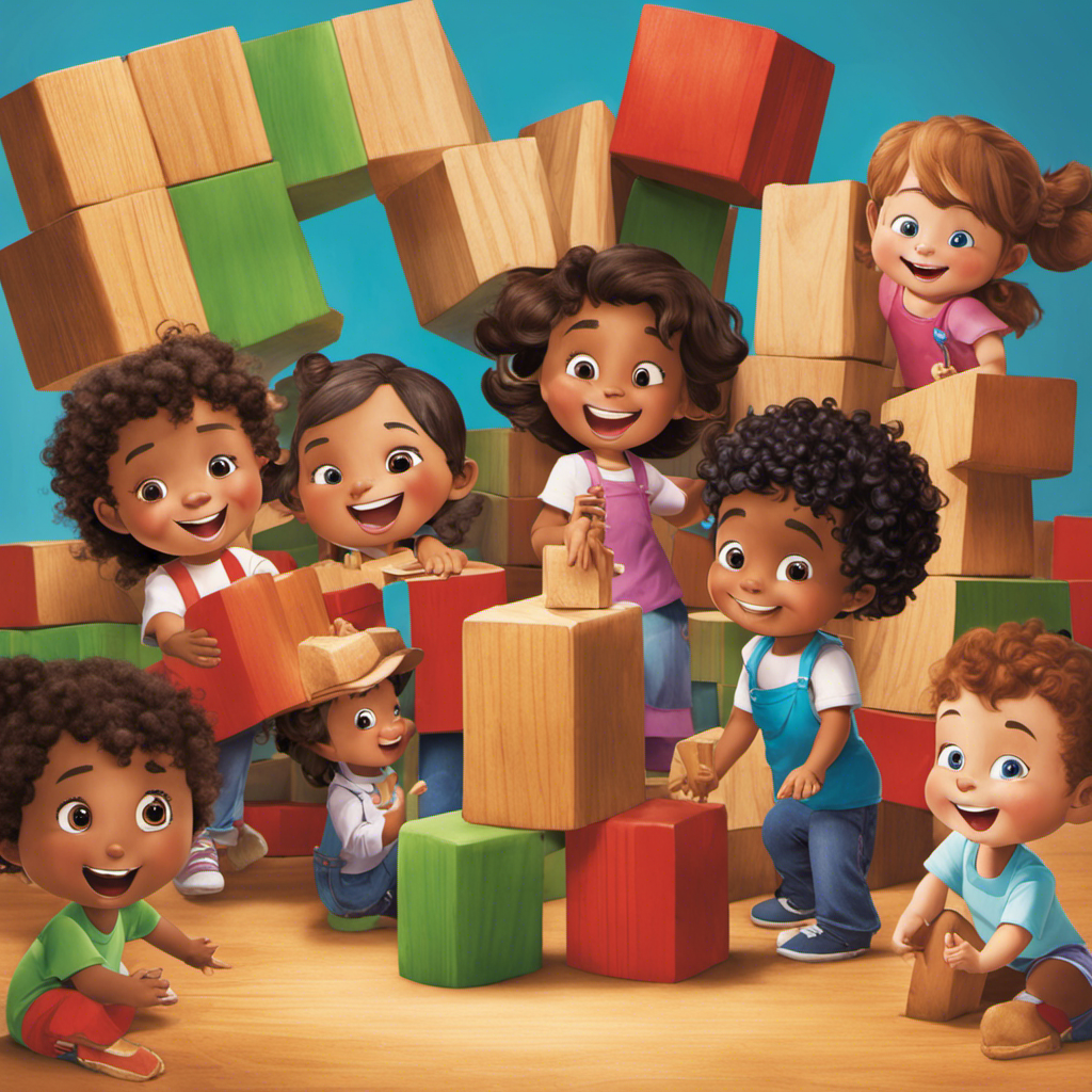 An image of a diverse group of preschoolers huddled around a wooden block tower, their curious eyes gleaming with excitement as they collaborate, problem-solve, and experience pure joy in their exploration of the world through play