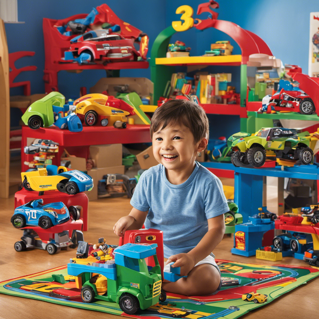 An image showcasing a beaming preschool boy, full of energy, surrounded by a vibrant array of action-packed toys such as race cars, building blocks, superhero action figures, and a colorful play mat
