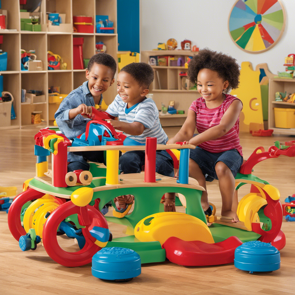 An image showcasing a diverse group of preschoolers engaged in imaginative play with ride-on toys, solving puzzles and constructing obstacles, fostering critical thinking skills in a colorful and stimulating environment