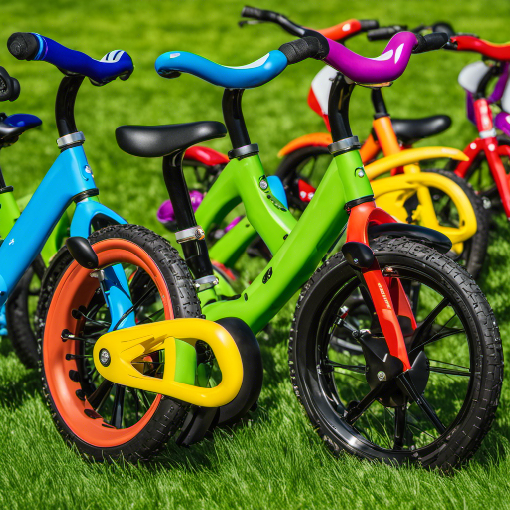 Ful array of balance bikes lined up against a backdrop of vibrant green grass and a clear blue sky