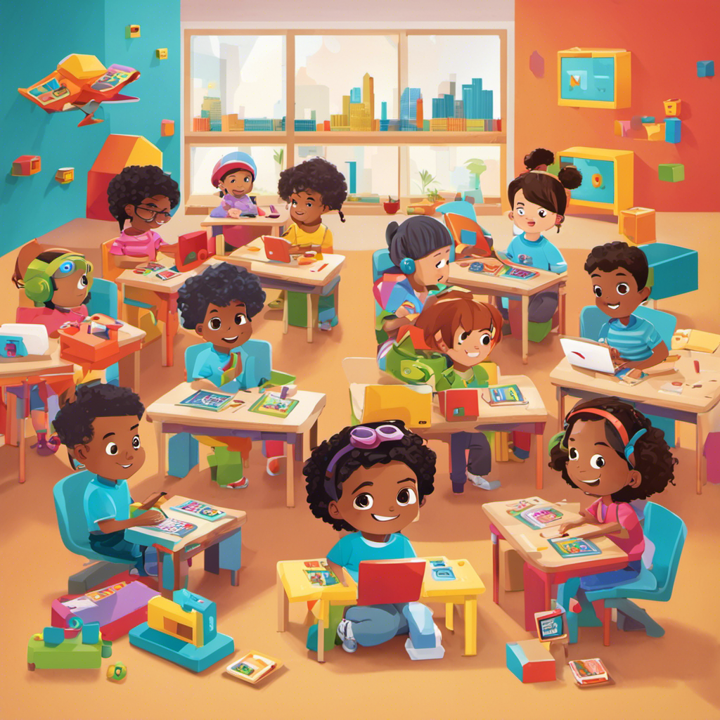An image showcasing a group of preschoolers sitting in a brightly colored classroom, engrossed in coding activities