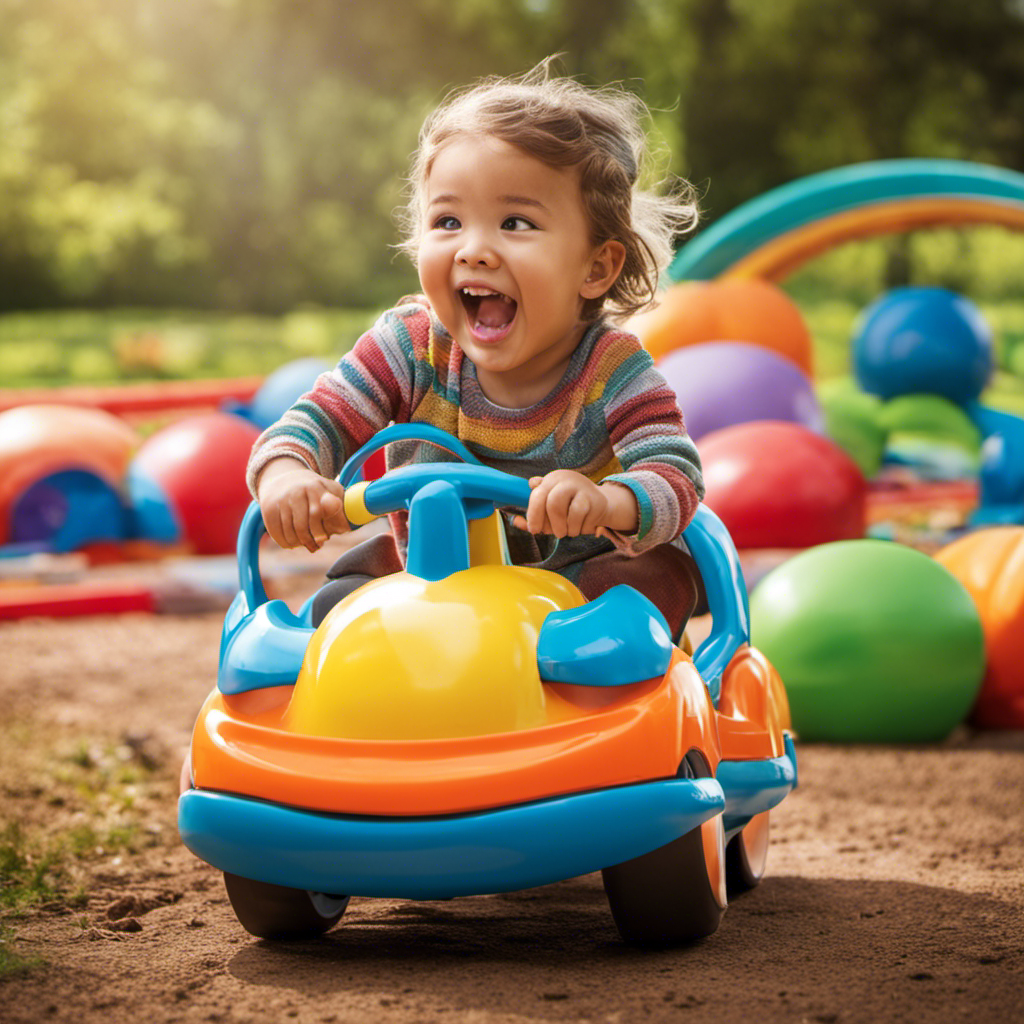 An image showcasing a toddler joyfully zooming around on a ride-on toy, their face beaming with excitement as they navigate a colorful obstacle course, fostering cognitive growth and early learning