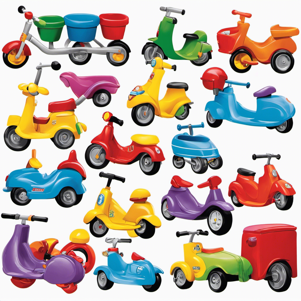An image showcasing a colorful array of preschool ride-ons, such as tricycles and scooters, arranged in a neat row