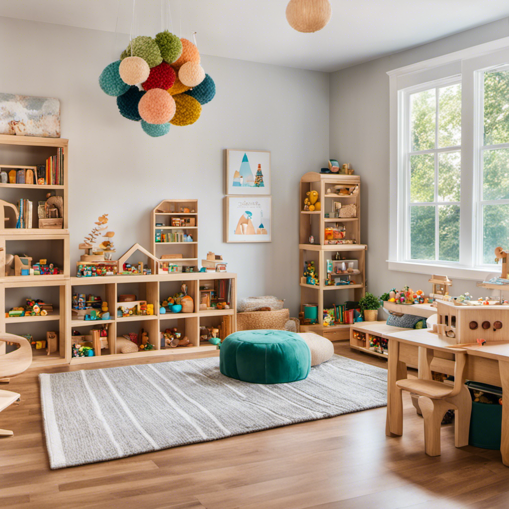 a whimsical playroom adorned with wooden puzzles, colorful building blocks, sensory bins filled with natural materials, a cozy reading nook with plush cushions, and open shelves showcasing beautifully crafted Montessori-inspired toys